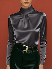 baratos Blusas Elegantes-Mulheres Camisa Social Blusa de cetim Blusa Blusas de manga comprida Franzido Côr Sólida à moda Básico Clássico Manga Longa Gola Alta Tops regulares Diário Feriado Para Noite Preto Branco Roxo Cáqui