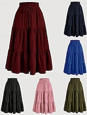 preiswerte Lässige Röcke-Damen Elegant Bohemien Lässig Maxi Mittlere Hüfthöhe Röcke Einfach Gerafft Kordelzug Geschichtet Mikroelastisch Täglich Straße Wein Marineblau Schwarz Rosa Sommer