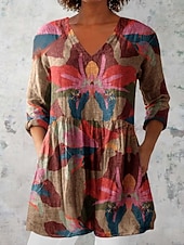 billige Blomstrete bluser-Dame Bluse Rynket Blomstret Grafisk Elegant Stilfull Fritid Langermet Crew-hals Lange topper Daglig Arbeid Rosa Rød Grønn Sommer Vår