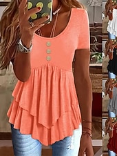 economico T-shirt semplice-Per donna Blusa Volant Bottoni Tinta unica Elegante Casual Manica Corta Scollo Tondo Top Regolari Quotidiano Nero Bianco Rosa Grigio Primavera Autunno