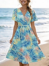 Χαμηλού Κόστους Floral φορέματα-Γυναικεία Φόρεμα μέχρι το γόνατο Φόρεμα σε γραμμή Α Κομψό Διακοπές Καθημερινό Ημερομηνία Κανονικό Γραφική Φύλλο Κοντομάνικο Λαιμόκοψη V Θαλασσί Ανθισμένο Ροζ Πράσινο του τριφυλλιού