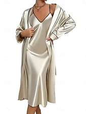 preiswerte Bademäntel für Damen-Damen Robe Nachthemd Schlafanzug Set Lässig Komfort Einfarbig Elastischer Bund Täglich Heim Langarm Träger Rosa Khaki Sommer Frühling Normale Passform