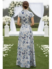 billige Gulvlengde-A-linje Gulvlengde Skjortekjole Gjestekjole til bryllup Formell kjole Kjole til brudens mor Kortermet V-hals Skjortekrage Elegant Formell Bryllupsgjest med Belte / bånd Delt front