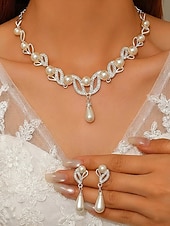 preiswerte Hochzeit ACC-Elegantes Schmuckset aus Imitationsperlen für Damen, bestehend aus Halskette und Ohrringen in Gold- und Silberfarben mit Kristallakzenten, perfekt für Hochzeiten und festliche Anlässe.