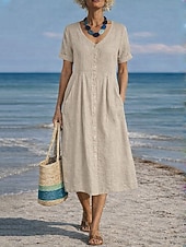 tanie Podstawowe sztuczne sukienki-Damskie Sukienka midi Sztuczna bawełna len Sukienka A line Codzienny Codzienny Regularny Równina Krótki rękaw W serek Niebieski Czarny Biały Wino Lato Wiosna