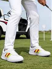 cheap Men's Golf Shoes-Men's White Golf Sneakers, Athletic Lace-Up Design with Color Stripe Detail, Shock-Absorbing Sole, Modern Sport Style for Golf Courses