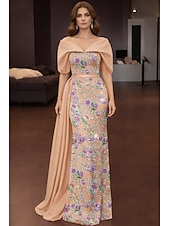  Mermaid Trumpet Floor Length Beaded Eembroidered Formal Dresses Mother of the Bride Dress Evening Gown Ball Gown with Overskirt Formal Dress Elegant Glittering Celebrity Style Sleeveless Off Shoulder