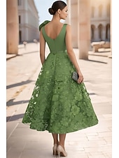  A-Line Tea Length Cocktail Dresses Elegant Vintage Floral Sleeveless V Neck Garden Party Wedding Pocket Satin Lace with Embroidered Flower Embroidery Pocket