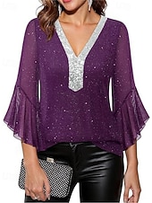 baratos Blusas Elegantes-Mulheres Blusa Tops de lantejoulas Patchwork Bloco de cor à moda Moderno Manga 3/4 Sino Decote V Tops regulares Diário Feriado Para Noite Azul Preto Vermelho Verde Verão Primavera