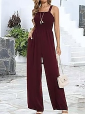 billige Jumpsuits-Dame Normal Kjeledresser Aktiv Helfarge Ermeløs Bred Bukseben Firkantet hals Lomme Daglig Feriereise Løstsittende Svart Vin Navyblå Sommer