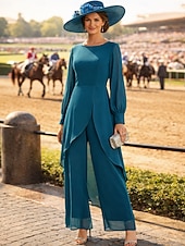 billige Mammas buksedresser-Buksedrakt Asymmetrisk Kjole til brudens mor Langermet Crew-hals Elegant Formell Bryllupsgjest Formell kveld Chiffon med Ensfarget