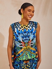 preiswerte Grafiktank-Dschungel-Wildparty-Top aus seidigem Satin mit Pfauenmuster