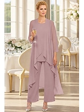voordelige Broekpakken van mama-3-delig pak Tot de grond Moeder van de bruid jurk Mouwloos Nek boot Elegant Grote maten Bruiloft gast Chiffon Wrap inbegrepen met Effen kleur