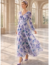  A-Line Ankle Length Wedding Guest Dress Formal Dresses Evening Gown Mother of the Bride Dress Long Sleeve V Neck Elegant Vintage Formal Wedding Guest Chiffon with Ruched Flower