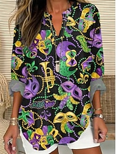 ieftine Îmbrăcăminte pentru femei Mardi Gras-Bluză pentru femei de Mardi Gras din in respirabilă ușoară grafică vintage stylish mânecă lungă decolteu în V tops lungi vacanță zilnică imprimeu negru vară primăvară