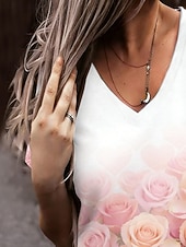 cheap Floral tee-Valentine's Day Women's T Shirt Tee Top Print Floral Graphic Stylish Classic Casual Short Sleeve V Neck Regular Tops Daily Going out Weekend Pink Rose Pink Summer Spring