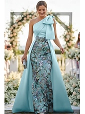 economico Lunghezza del pavimento-Linea ad A Tubino Colonna Lunghezza al pavimento Perline ricamate Abito da invitata a nozze Abito Formale Abito da cerimonia per signora Senza Maniche Monospalla Elegante Vintage Lussuoso Formale Raso