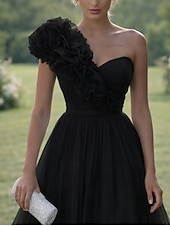 cheap Long Dresses &amp; Gowns-Ball Gown A-Line Floor Length Prom Dresses Elegant Sleeveless One Shoulder Prom Quinceanera Tulle Cowl Back with Embroidered Flower Ruffles Slit