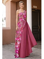 cheap A-Line Evening Dresses-A-Line Sheath Column Floor Length Evening Gown Ball Gown Formal Dress Elegant Vintage Floral Sleeveless One Shoulder Wedding Formal Pocket Lace Stretch Fabric with Glitter Ruffles Embroidery