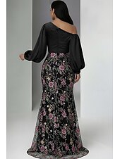  Mermaid Trumpet Floor Length Beaded Eembroidered Formal Dresses Mother of the Bride Dress Prom Dresses Evening Gown Formal Dress Elegant Glittering Celebrity Style Long Sleeve One Shoulder Garden