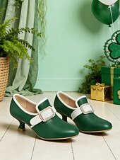  Women's Forest Green Leather Pumps with Rhinestone Square Buckle – Festive Leprechaun Style Low Heels for St. Patrick's Day Parties, Holiday Parades & Vintage Enthusiasts