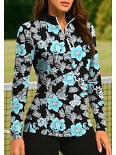 Недорогие Женская рубашка-Жен. Растения Цветочные тропический Цветочные ботанический Топы Футболка-поло Теннисная рубашка Длинный рукав С принтом Четверть молния Pullover УФ-защита Эластичный Дышащий Теннис Гольф Пиклбол