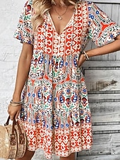 voordelige Vakantie Boho Jurk-Dames Mini-jurk strand jurk A lijn jurk Bloemetjesjurk Elegant Modieus Modern Dagelijks Buiten Vakantie Normale pasvorm Geometrisch Korte mouw V-hals blauw Rood Marine Blauw Oranje Zomer Lente Herfst