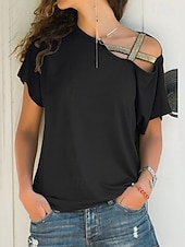 abordables Camiseta lisa-Mujer Camiseta Camiseta superior Retazos Color sólido Elegante Clásico Casual Manga Corta Cuello Barco Tops regulares Diario Noche Fin de semana Azul Piscina Negro Blanco Vino Naranja Verano Primavera