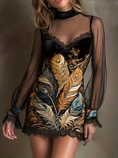 preiswerte Western Boho Kleid-Damen Minikleid Bodycon Blumenkleid Mode Modern Outdoor Urlaub Party Normale Passform Blumen Langarm Rollkragen Blau Gelb Rosa Frühling Herbst