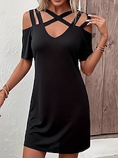 preiswerte schwarzes Minikleid-Damen Minikleid schwarzes kleid Cocktailkleid Sommerkleid Einfarbiges Kleid Aktiv Mode Modern Täglich Urlaub Ferien Normale Passform Einfach Kurzarm V Ausschnitt Schwarz Sommer Frühling