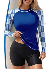 preiswerte Surfen Tankinis &amp; Bikinis-Damen Mittel Rash Guard Badeanzug Anti UV Shirt Tankini-Badeanzüge Geometrisch Farbblockierung 2 teilig Herausnehmbare Polsterung Boyleg UV-Sonnenschutz UPF50+ Elastisch Langarm Bademode Schutz gegen