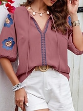 tanie Gładkie bluzki-Damskie Koszula Popover Letnia koszula Codzienna koszula Bluzka Haft Kwiaty Urlop Elegancki Codzienny Rękaw 1/2 W serek Zwykłe topy Codzienny Plaża Święto Niebieski Rumiany róż Granatowy Morelowy