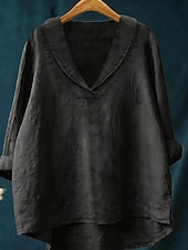 abordables Camisas Falsas Esenciales-Mujer Camisa Camisas de algodón y lino Lino de algodón sintético Retazos Plano Elegante Clásico Moderno Manga Larga Escote en Pico Tops regulares Diario Festivos Noche Negro Blanco Amarillo Rojo Azul