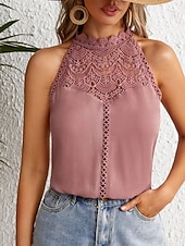 Недорогие Кружевные топы-Жен. Кружевной топ Блуза Кружева Пэчворк Сплошной цвет Полотняное плетение Стиль Современное На каждый день Без рукавов Вырез под горло НАЙКА НЕКО Обычные топы Повседневные Праздники На выход