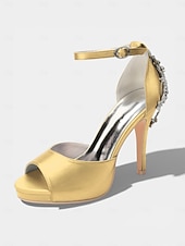 preiswerte Braut-Elegante Brautsandalen aus elfenbeinfarbenem Satin mit Knöchelriemen und Kristallverzierung an der Ferse – perfekt für eine Hochzeit in der Stadt.