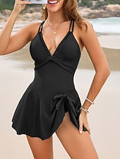 preiswerte Einteilige Badeanzüge-Damen Badeanzug Einteiler Monokini Bademode Bauchkontrolle Hohe Taille Schlank Rückenfrei Urlaub Strandbekleidung Einfarbig V Ausschnitt Ärmellos Badeanzüge