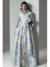 halpa A-linjaiset iltapuvut-A-linja Kokopitkä Iltapuku Tyylikäs Kimalteleva Silkkinen Pitkähihainen Paitapuserokaula-aukko Puutarhajuhlat Häät Tasku Jakardi kanssa Kukkapainatus Rusetti(rusetit) Halkio