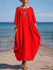 cheap Luxury Dresses-Women's Cotton Linen Maxi Dress Shift Dress Casual Daily Regular Fit Plain 3/4 Length Sleeve Crew Neck Blue White Red Dark Green Summer Spring Fall