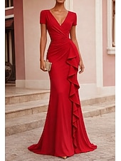 preiswerte Meerjungfrau Abendkleider-Meerjungfrauenschnitt Bodenlange Schleppe Abendkleid Elegant Kurzarm V Ausschnitt Hochzeit Formell Stretch-Crêpe mit Gerafft Rüschen