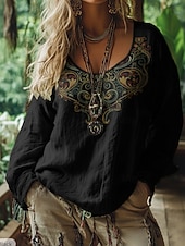 abordables T-shirt Boho-Mujer Camiseta bohemia Camiseta Camiseta superior Estampado Floral Vintage Étnico Casual Manga Larga Escote en Pico Tops regulares Diario Fin de semana Ropa de vacaciones Negro Rosa Primavera Otoño