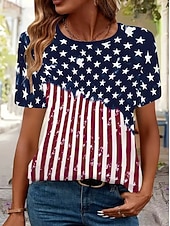 Uavhengighetsdag Patriotisk Kvinne T-skjorte Grafisk Flagg Vintage Motebasert Korte Ermer Crew Neck Vanlige Topper Daglig Helg Fargeblokk Trykk Rød  Blå Sommer Vår