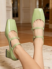 voordelige Mary Jane Pumps-Dames Mary Jane pumps met groene lakleren imitatieleer afwerking – vintage pumps met vierkante neus, dubbele band en gouden gespen, elegante retrostijl uit de jaren 50 voor dagelijks gebruik en