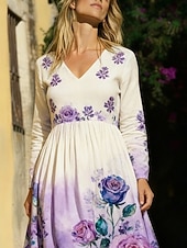  Per donna Abito Midi Abito Boho Vestito Casual Elegante Moda Quotidiano All'aperto Vacanza Vestibilità regolare Floreale Manica Lunga Scollo a V Viola Estate Primavera Autunno