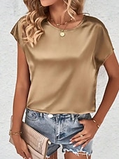 economico Bluse Semplici-Per donna Elegant Top in raso Camicia in raso Top estivi Tinta unica Semplice Vintage Elegante Classico Manica Corta Girocollo Top Regolari Quotidiano Ferie Uscire Nero Rosa Cammello Verde Estate