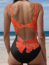 お買い得  ワンピース水着-女性用 スイムウェア ワンピース ブリーフ 水着 旅行度假风 ファッション フラワー グラフィック ラウンドネック ノースリーブ 水着