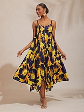 preiswerte Lässiges Kleid mit Aufdruck-Sommerkleid aus Rayon mit Blumenmuster