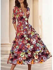 cheap Cocktail Dresses-A-Line Ankle Length Cocktail Dresses Party Dresses Elegant Vintage Floral Half Sleeve V Neck Wedding Formal Pink Dress Satin with Embroidery Pocket