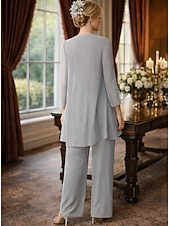 cheap Mom's Pant Suits-Jumpsuits Ankle Length Mother of the Bride Dress Long Sleeve Scoop Neck Elegant Wedding Guest Chiffon with Lace