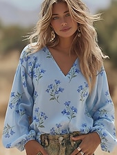 preiswerte Wesentliche Falsche Hemden-Damenbluse Leinenähnlich Atmungsaktiv Leicht Floral Grafik Elegant Bohème Vintage Langarm V-Ausschnitt Reguläre Oberteile Täglicher Feiertag Patchwork Druck Blau Schwarz Pink Grün Sommer Frühling