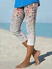 cheap Floral Print-Women's Graphic Slim Capri Pants Vacation Basic Athleisure Calf-Length Medium Waist Comfort Stretchy Vacation Formal Street rice white Khaki Summer Spring Slim Fit